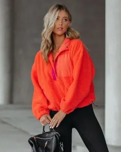 ALL-001 Comfy Cute Pocketed Sherpa Pullover - Flame - FINAL SALE -clothes Sales ComfyCutePocketedSherpaPulloverFlame106