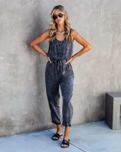 THRE-001 Courtney Tencel Pocketed Jumpsuit - Charcoal Acid Wash - SALE -clothes Sales CourtneyTencelPocketedJumpsuit CharcoalAcidWash 7258
