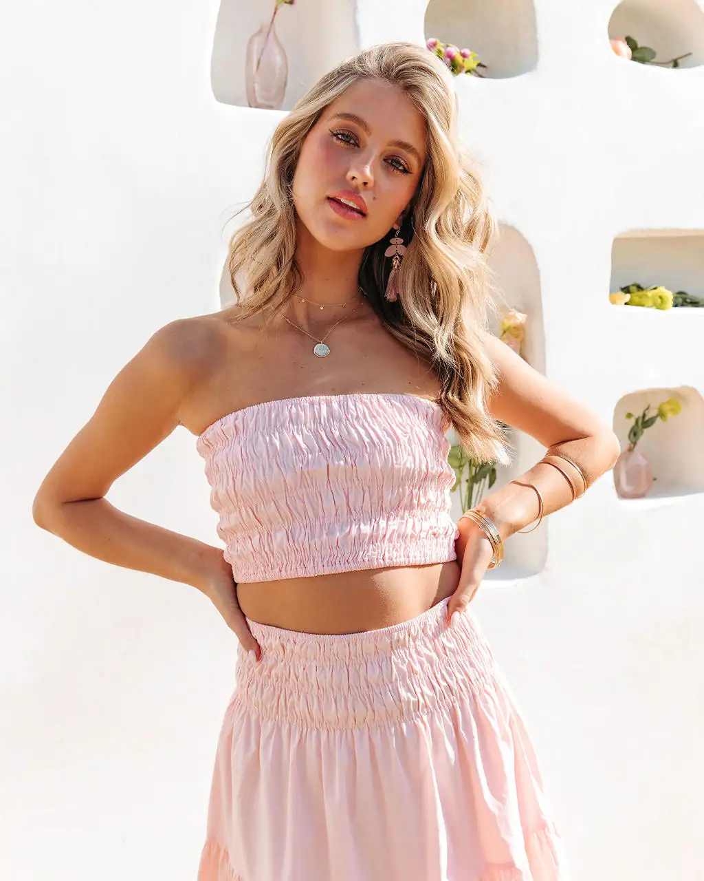 Cove Haven Smocked Strapless Crop Top - Blush - FINAL SALE 1 Cove Haven Smocked Strapless Crop Top - Blush - FINAL SALE