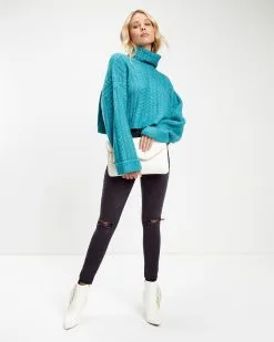 Georgie Cable Knit Turtleneck Pullover Sweater - Teal - FINAL SALE -clothes Sales Cozy Pretty Cable Knit Turtleneck Pullover Sweater Teal 2299