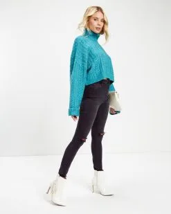 Georgie Cable Knit Turtleneck Pullover Sweater - Teal - FINAL SALE -clothes Sales Cozy Pretty Cable Knit Turtleneck Pullover Sweater Teal 2328