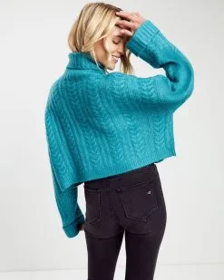 Georgie Cable Knit Turtleneck Pullover Sweater - Teal - FINAL SALE -clothes Sales Cozy Pretty Cable Knit Turtleneck Pullover Sweater Teal 2373