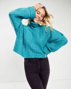 Georgie Cable Knit Turtleneck Pullover Sweater - Teal - FINAL SALE -clothes Sales Cozy Pretty Cable Knit Turtleneck Pullover Sweater Teal 2429