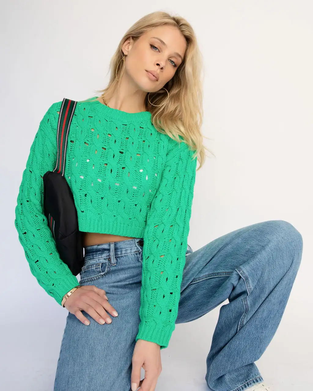 Helsa Cropped Knit Sweater - Green - FINAL SALE 6 Helsa Cropped Knit Sweater - Green - FINAL SALE - Image 6