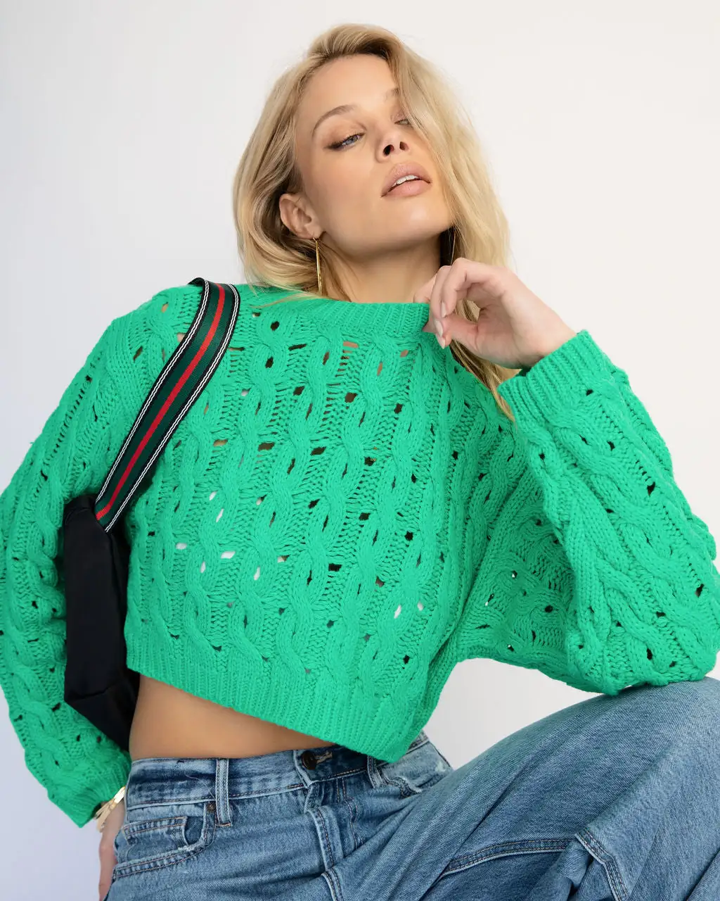 Helsa Cropped Knit Sweater - Green - FINAL SALE 8 Helsa Cropped Knit Sweater - Green - FINAL SALE - Image 8