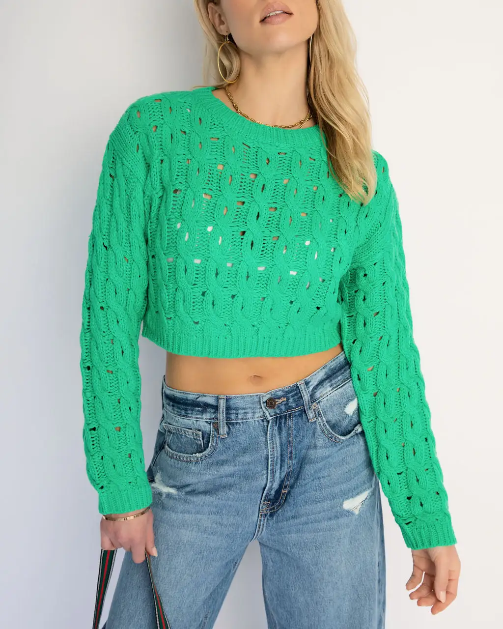 Helsa Cropped Knit Sweater - Green - FINAL SALE 2 Helsa Cropped Knit Sweater - Green - FINAL SALE - Image 2