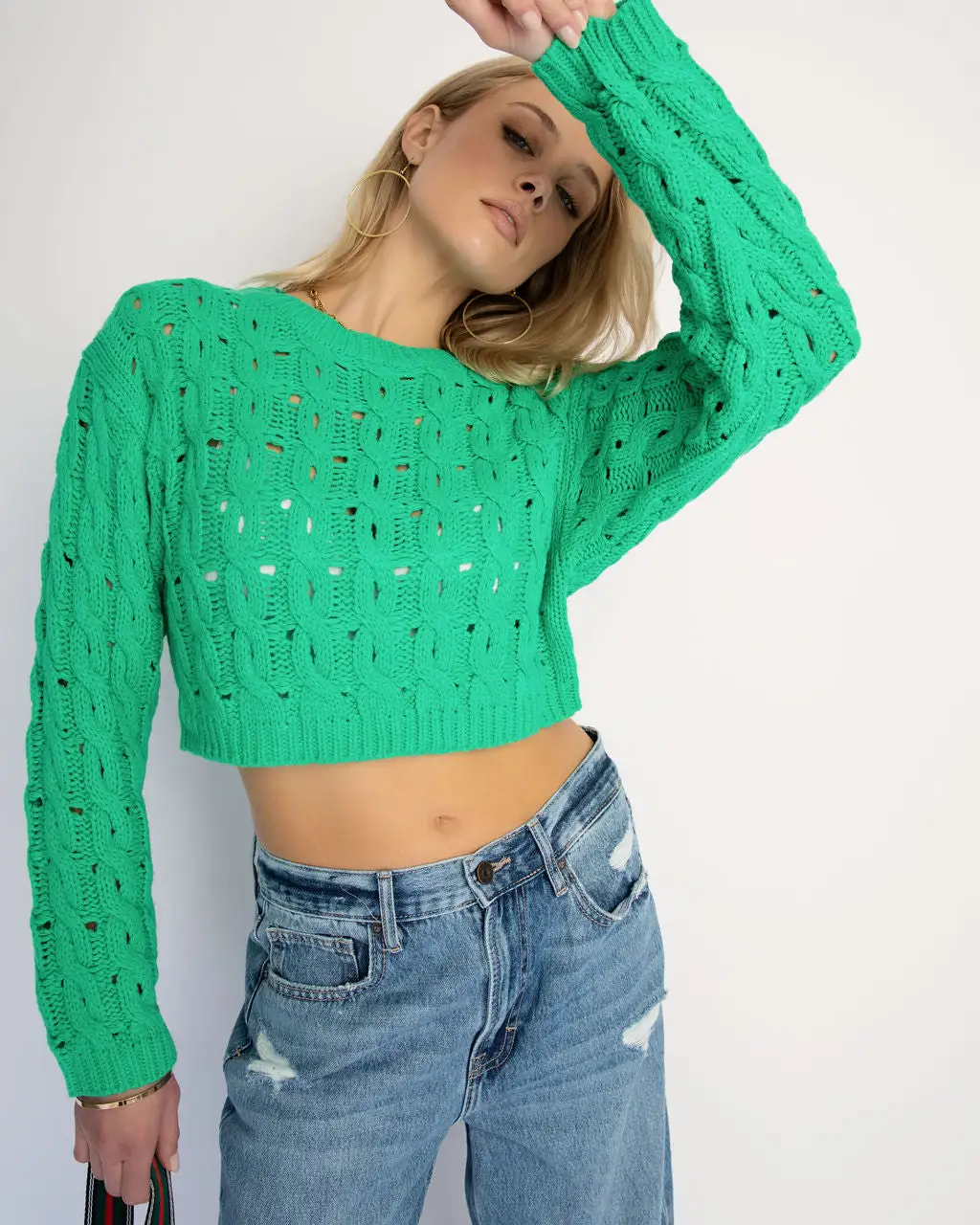 Helsa Cropped Knit Sweater - Green - FINAL SALE 7 Helsa Cropped Knit Sweater - Green - FINAL SALE - Image 7