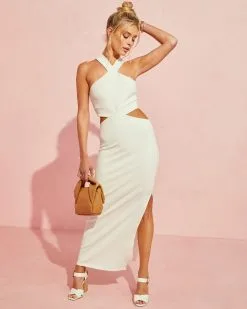Wink Cutout Halter Ribbed Maxi Dress - White -clothes Sales D 8182 WHITE 1629