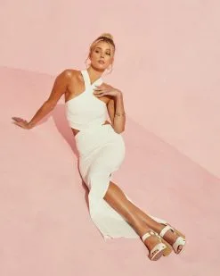 Wink Cutout Halter Ribbed Maxi Dress - White -clothes Sales D 8182 WHITE 1721