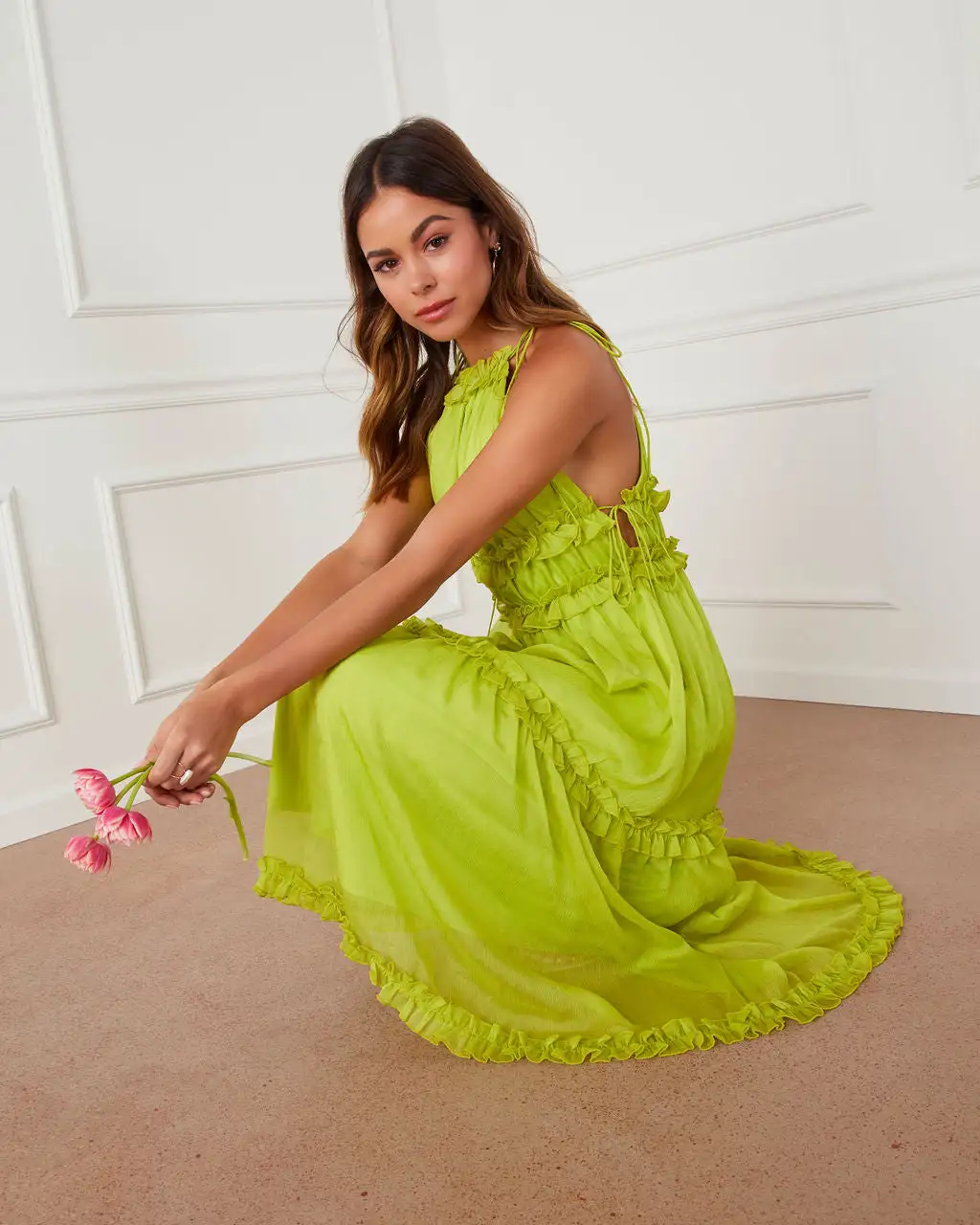 Ravenna Tiered Halter Maxi Dress - Lime 6 Ravenna Tiered Halter Maxi Dress - Lime - Image 6