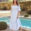 JUST-001 Dasha Cotton Floral Off The Shoulder Maxi Dress - Blue - LAST CHANCE