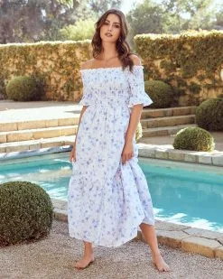 JUST-001 Dasha Cotton Floral Off The Shoulder Maxi Dress - Blue - LAST CHANCE