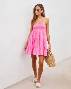 Darcy Smocked Cotton Blend Tiered Mini Dress - Hot Pink - SALE 9 Darcy Smocked Cotton Blend Tiered Mini Dress - Hot Pink - SALE -clothes Sales Darcysmockedcottonblendtieredminidresshotpink17751