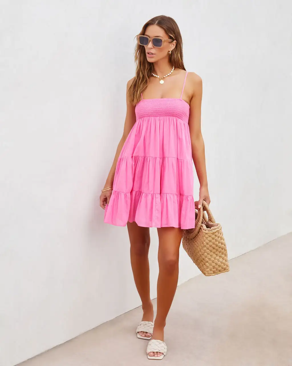 Darcy Smocked Cotton Blend Tiered Mini Dress - Hot Pink - SALE 3 Darcy Smocked Cotton Blend Tiered Mini Dress - Hot Pink - SALE - Image 3