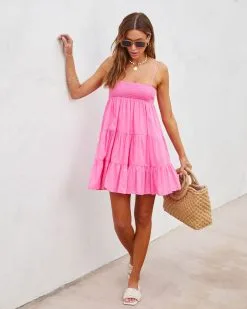 Darcy Smocked Cotton Blend Tiered Mini Dress - Hot Pink - SALE