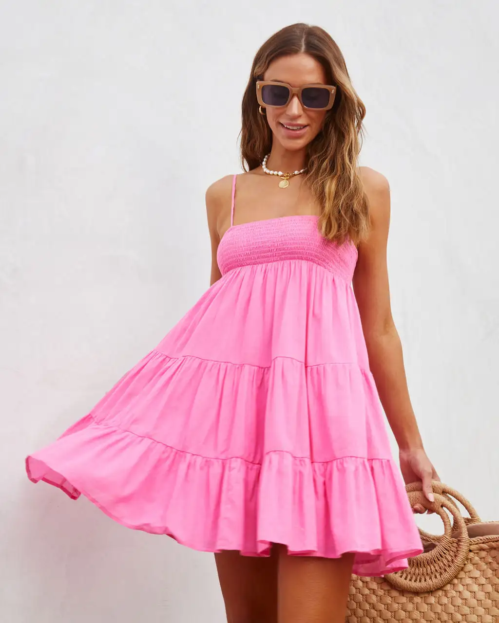 Darcy Smocked Cotton Blend Tiered Mini Dress - Hot Pink - SALE 6 Darcy Smocked Cotton Blend Tiered Mini Dress - Hot Pink - SALE - Image 6