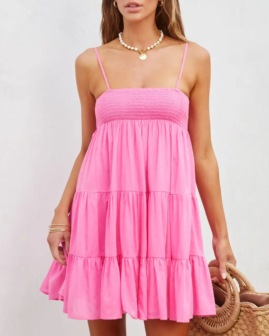 Darcy Smocked Cotton Blend Tiered Mini Dress - Hot Pink - SALE 2 Darcy Smocked Cotton Blend Tiered Mini Dress - Hot Pink - SALE - Image 2