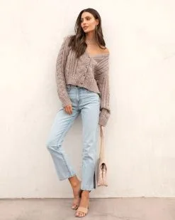 Delfina Knit Button Front Cardigan- Light Mocha - FINAL SALE -clothes Sales DelfinaKnitButtonFrontCardigan LightMocha 239