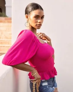 LUSH-001 Devin Smocked Peplum Top - Hot Pink - SALE -clothes Sales DevinSmockedPeplumTop HotPink 2021