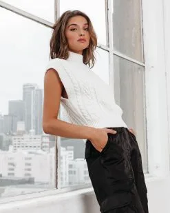 Diana Cable Knit Mock Neck Sweater Vest - Ivory - FINAL SALE