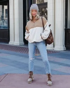 Discovering The World Sherpa Pocketed Half Zip Pullover Sweater - Ivory - FINAL SALE -clothes Sales DiscoveringTheWorldSherpaPocketedHalfZipPulloverSweaterIvory2