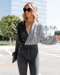 DEE-001 Double The Trouble Satin Houndstooth Drape Bodysuit - FINAL SALE