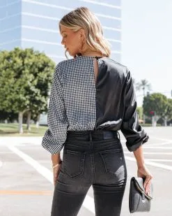 DEE-001 Double The Trouble Satin Houndstooth Drape Bodysuit - FINAL SALE -clothes Sales DoubleTheTroubleSatinHoundstoothDrapeBodysuit87