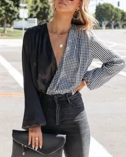 DEE-001 Double The Trouble Satin Houndstooth Drape Bodysuit - FINAL SALE -clothes Sales DoubleTheTroubleSatinHoundstoothDrapeBodysuit97