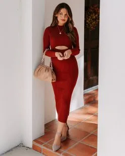 Roseanne Ribbed Cutout Knit Midi Dress - Rust - FINAL SALE
