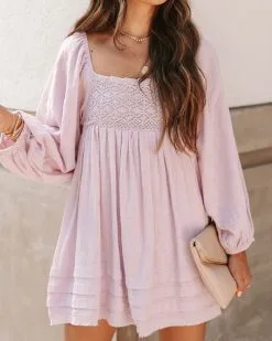 Lilou Cotton Pocketed Crochet Babydoll Tunic - Lilac - FINAL SALE -clothes Sales EM4A1179