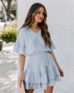 Slow It Down Smocked Tassel Dress - Baby Blue - LAST CHANCE