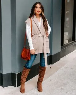 Deegan Pocketed Belted Sweater Vest - Taupe - FINAL SALE