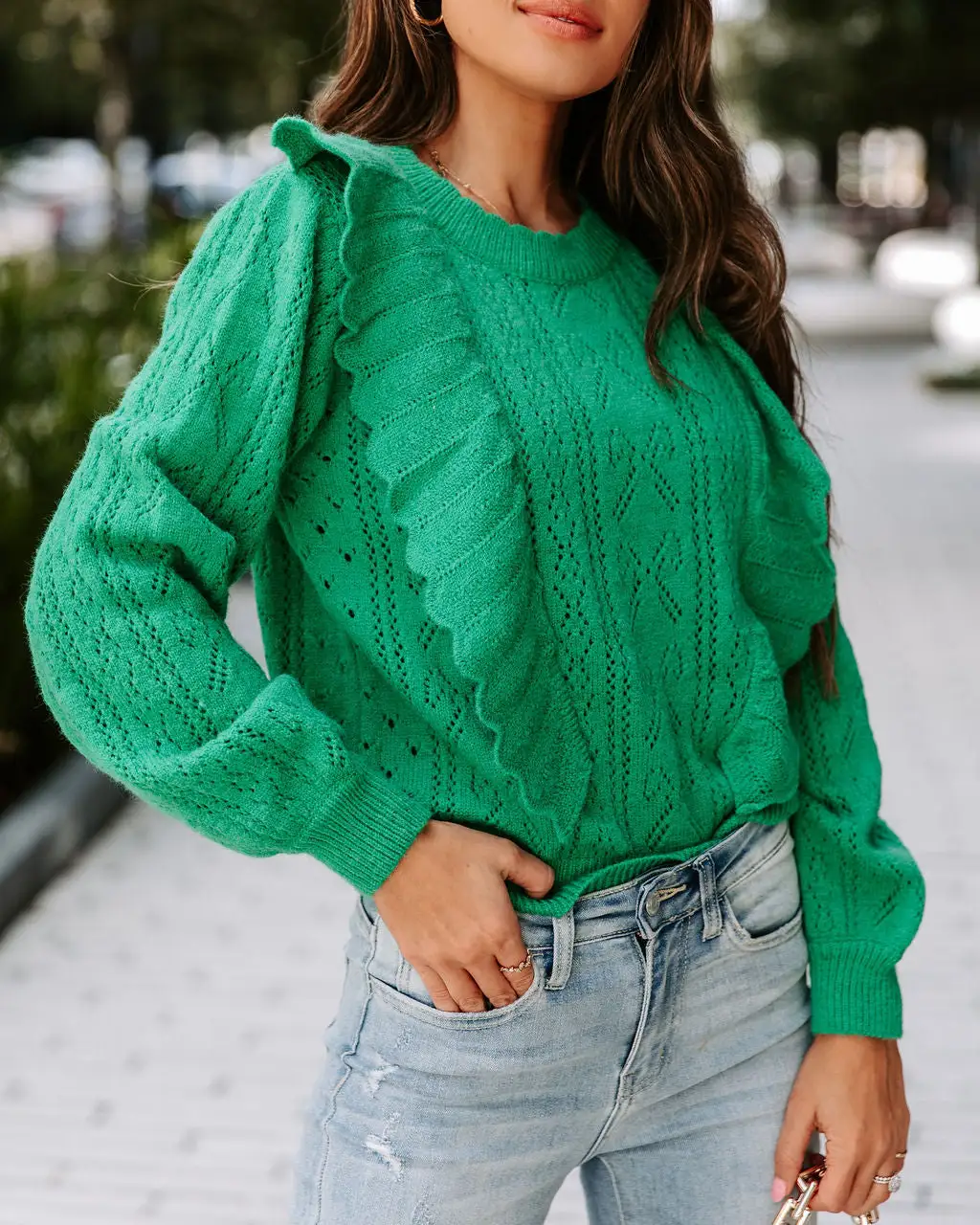 Wilson Knit Ruffle Pullover Sweater - Kelly Green - FINAL SALE 2 Wilson Knit Ruffle Pullover Sweater - Kelly Green - FINAL SALE - Image 2