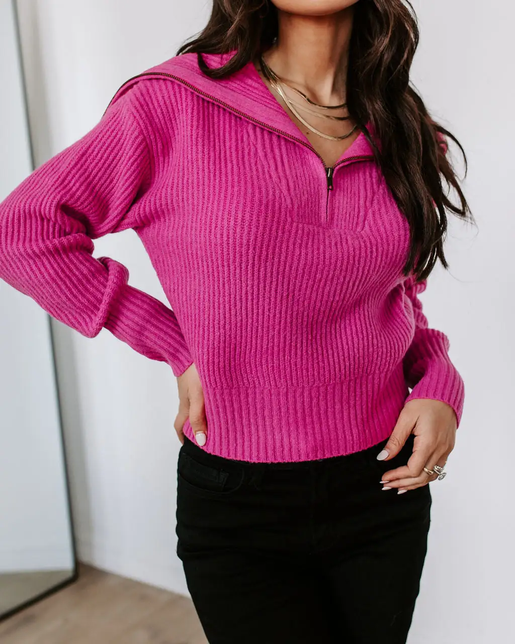 OLIV-001 We Love It Half Zip Pullover Sweater - Hot Pink - FINAL SALE 2 OLIV-001 We Love It Half Zip Pullover Sweater - Hot Pink - FINAL SALE - Image 2