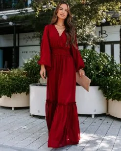 This Thing Called Love Smocked Balloon Sleeve Maxi Dress - Burgundy - FINAL SALE -clothes Sales EM4A3040