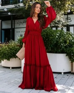 This Thing Called Love Smocked Balloon Sleeve Maxi Dress - Burgundy - FINAL SALE