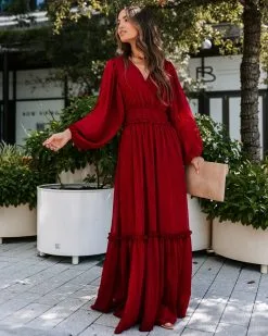 This Thing Called Love Smocked Balloon Sleeve Maxi Dress - Burgundy - FINAL SALE -clothes Sales EM4A3069