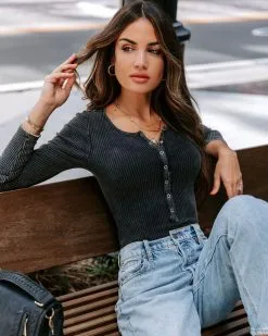 LE L-001 Rookie Washed Cotton Henley Bodysuit - Charcoal - FINAL SALE