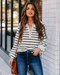 IN L-001 Rylie Cotton Blend Striped Henley Sweater - Ivory