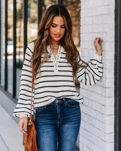 IN L-001 Rylie Cotton Blend Striped Henley Sweater - Ivory -clothes Sales EM4A5064