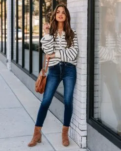 IN L-001 Rylie Cotton Blend Striped Henley Sweater - Ivory -clothes Sales EM4A5071