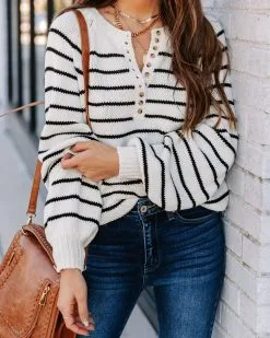IN L-001 Rylie Cotton Blend Striped Henley Sweater - Ivory -clothes Sales EM4A5078