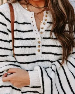IN L-001 Rylie Cotton Blend Striped Henley Sweater - Ivory -clothes Sales EM4A5080