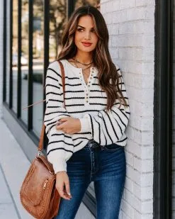 IN L-001 Rylie Cotton Blend Striped Henley Sweater - Ivory -clothes Sales EM4A5081