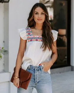 Abington Embroidered Babydoll Top - White - FINAL SALE -clothes Sales EM4A5133