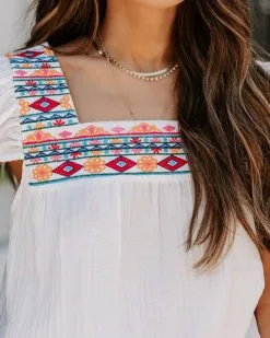 Abington Embroidered Babydoll Top - White - FINAL SALE -clothes Sales EM4A5149