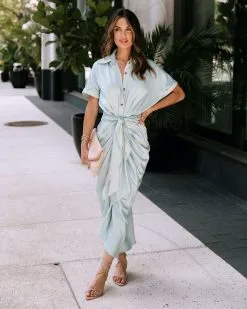 Manhattan Satin Drape Button Down Midi Dress - Sage