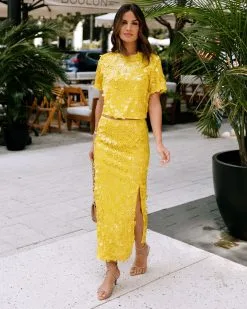 ON T-001 Flourishing Dreams Floral Sequin Midi Skirt - Yellow - SALE
