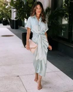 Manhattan Satin Drape Button Down Midi Dress - Sage -clothes Sales EM4A5247 3b069eb1 e6a3 40e6 85f5 fae1d38c6102