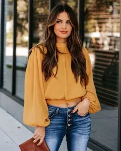 Marquee Mock Neck Billowed Blouse - Mustard - FINAL SALE -clothes Sales EM4A5253